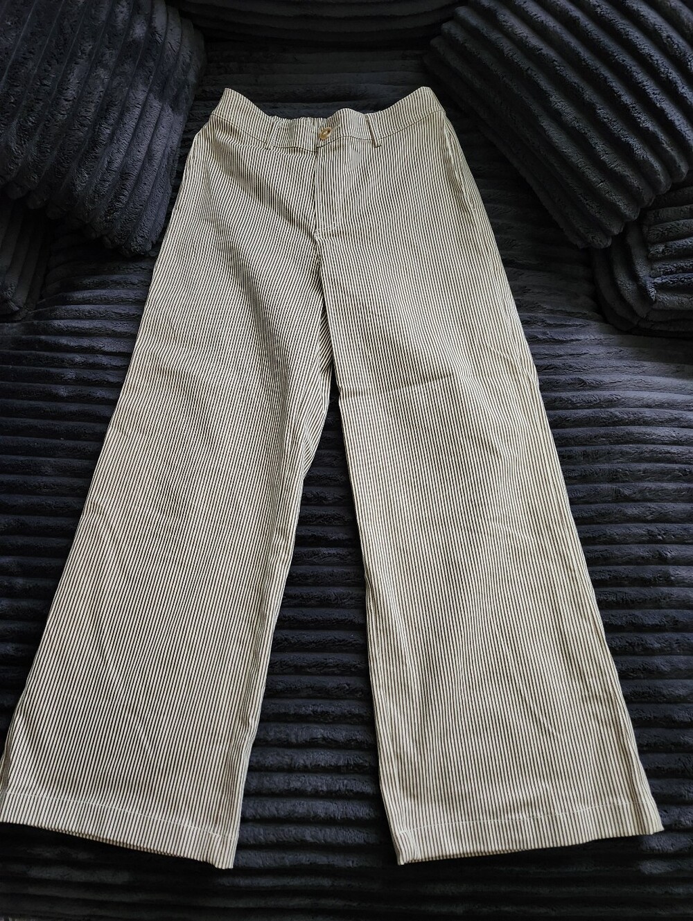 Boutique Women's Beige and Gray Pinstripe Pants - Classic Straight Fit